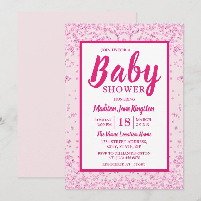 Invitación a Baby Shower de Purpurina rosado de bo (Anverso / Reverso)