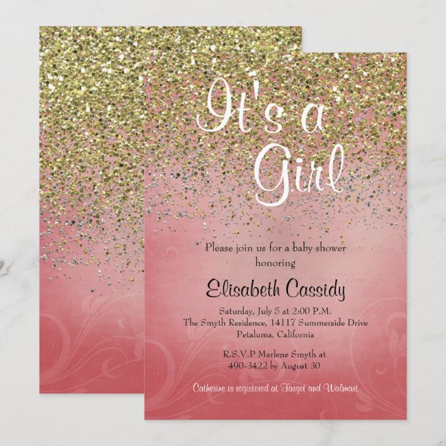 Invitación a Baby Shower de Purpurina Rosado y Oro (Anverso / Reverso)