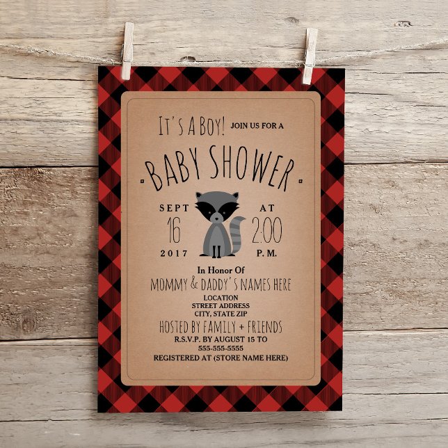 Invitación a Baby Shower de Raccoon Lumberjack Pla (Subido por el creador)