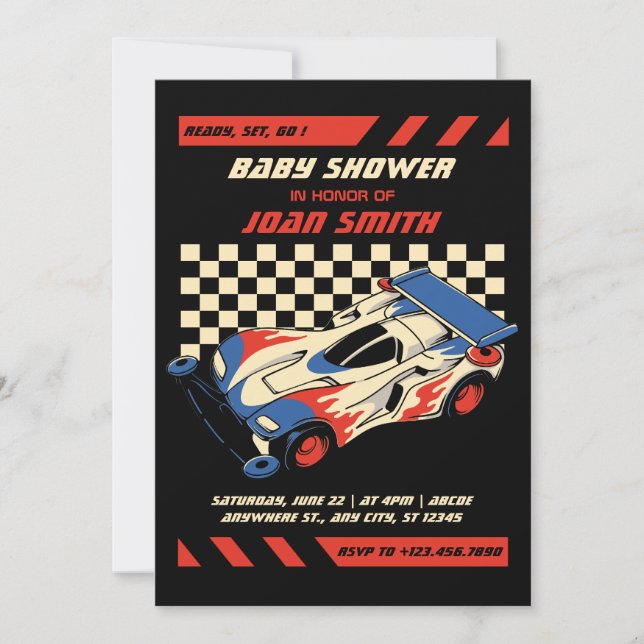 Invitación a BABY SHOWER de Race Car (Anverso)