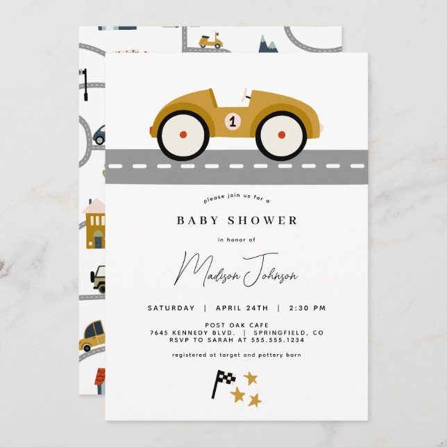 Invitación a Baby Shower de Race Car (Anverso / Reverso)