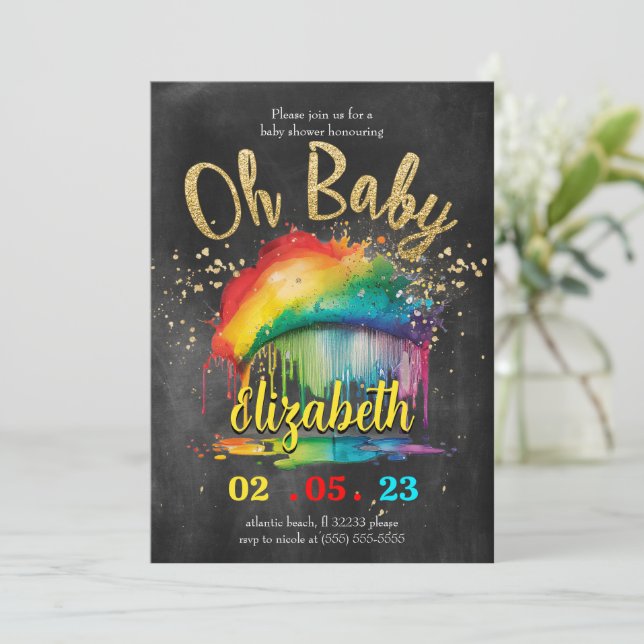 Invitación a Baby Shower de Rainbow Gold Chalkboar (Anverso de pie)