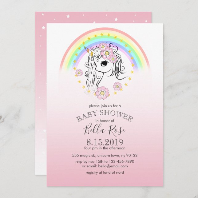 Invitación a Baby Shower de Rainbow Unicorn rosa (Anverso / Reverso)