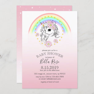 Invitación a Baby Shower de Rainbow Unicorn rosa
