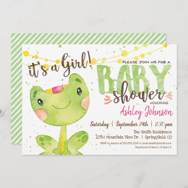 Invitación a Baby Shower de rana, Chica (Anverso / Reverso)