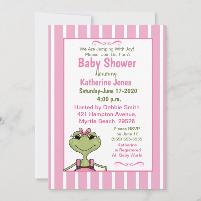 Invitación a Baby Shower de rana de Chica lindo (Anverso)