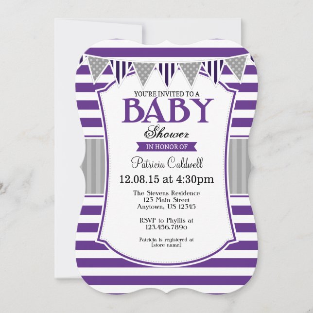 Invitación a Baby Shower de Rayas Gris Moradas (Anverso)