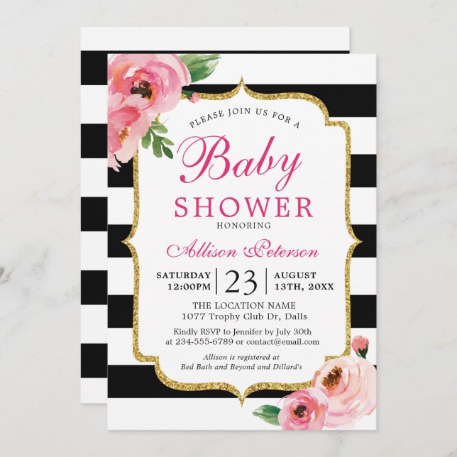 Invitación a Baby Shower de rayas negras con flore (Anverso / Reverso)
