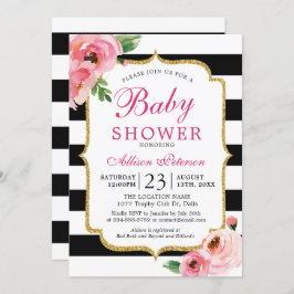 Invitación a Baby Shower de rayas negras con flore