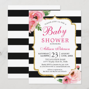 Invitación a Baby Shower de rayas negras con flore