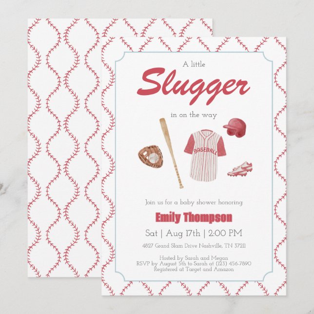 Invitación a Baby Shower de Red A Little Slugger (Anverso / Reverso)