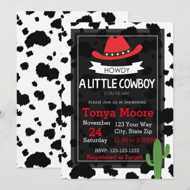 Invitación a Baby Shower de Red Cow Boy (Anverso / Reverso)
