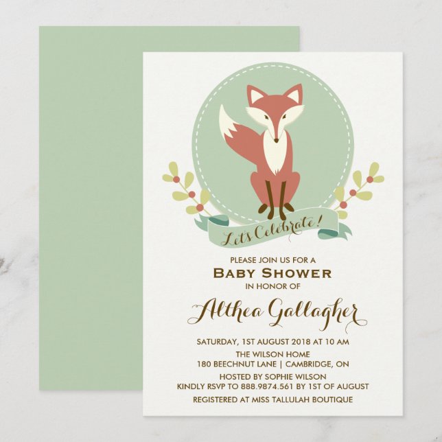 Invitación a Baby Shower de Red Fox Portrait Flora (Anverso / Reverso)