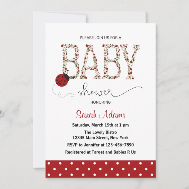 Invitación a Baby Shower de Red Ladybug (Anverso)