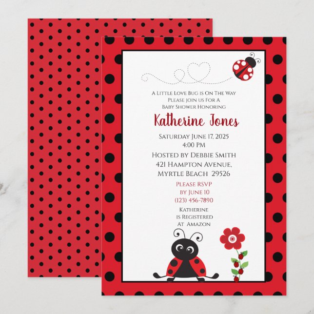 Invitación a Baby Shower de Red Ladybug Cute (Anverso / Reverso)