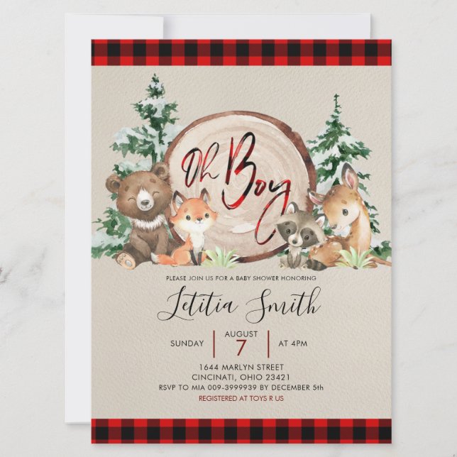 Invitación a Baby Shower de Red Plaid Winter Woodl (Anverso)