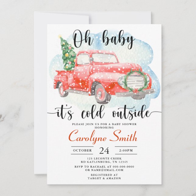 Invitación a Baby Shower de Red Truck Winter (Anverso)