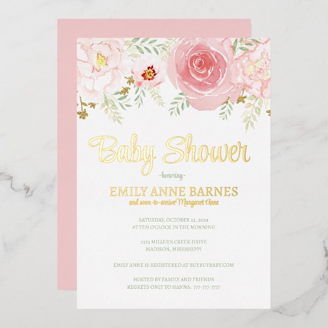 Invitación a Baby Shower de Relieve metalizado (Anverso/Reverso)