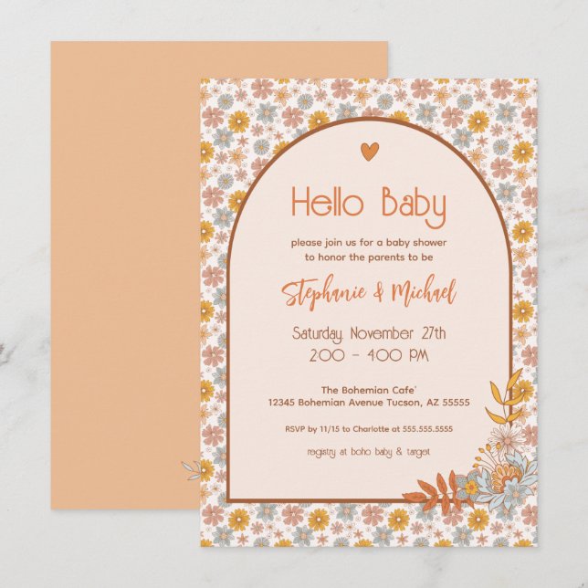 Invitación a Baby Shower de Retro Boho Floral (Anverso / Reverso)