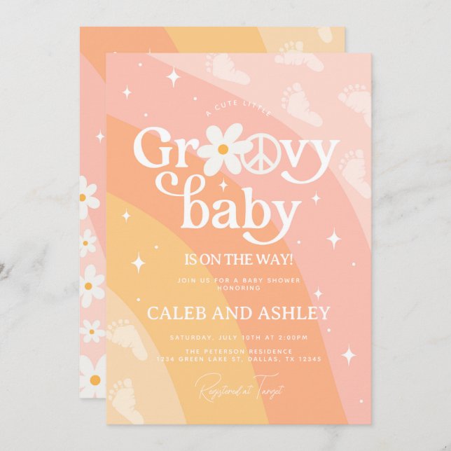 Invitación a Baby Shower de Retro Groovy (Anverso / Reverso)