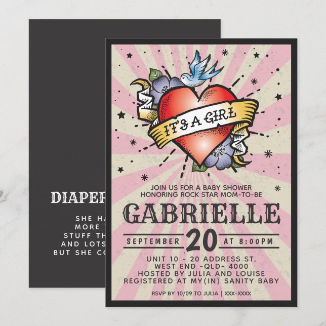 Invitación a Baby Shower de Rock Rosa y Roll Tatto (Anverso / Reverso)