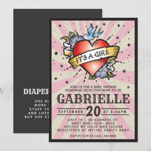 Invitación a Baby Shower de Rock Rosa y Roll Tatto