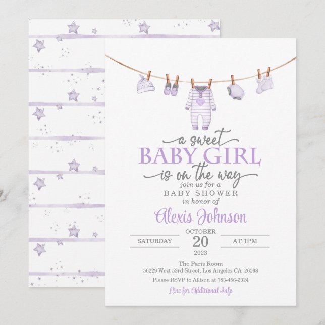 Invitación a Baby Shower de ropa de bebé - Púrpura (Anverso / Reverso)