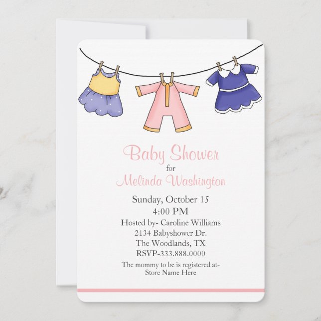 Invitación a Baby Shower de Ropa de Bebés (Anverso)