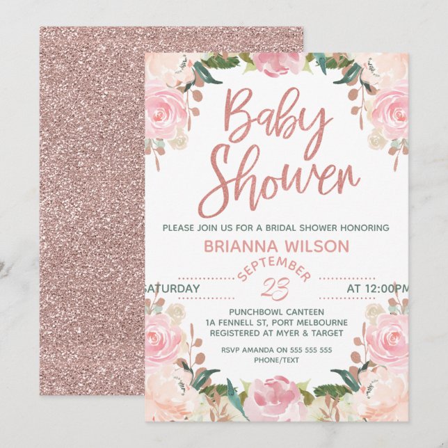 Invitación a Baby Shower de Rosa floral (Anverso / Reverso)
