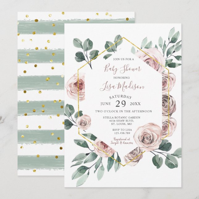 Invitación a Baby Shower de Rosa Floral Greenery (Anverso / Reverso)