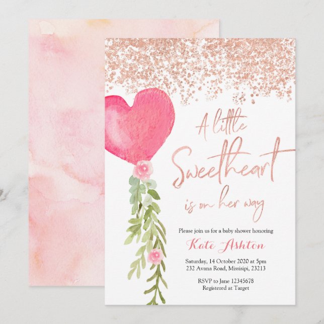 Invitación a Baby Shower de Rosa Gold Balloon Vale (Anverso / Reverso)