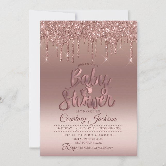 Invitación a Baby Shower de Rosa Gold Purpurina Dr (Anverso)