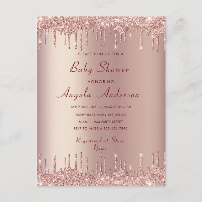 Invitación a Baby Shower de Rosa Gold Rubor Drips  (Anverso)