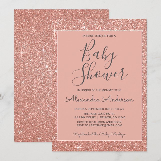 Invitación a Baby Shower de Rosa Purpurina de espu (Anverso / Reverso)