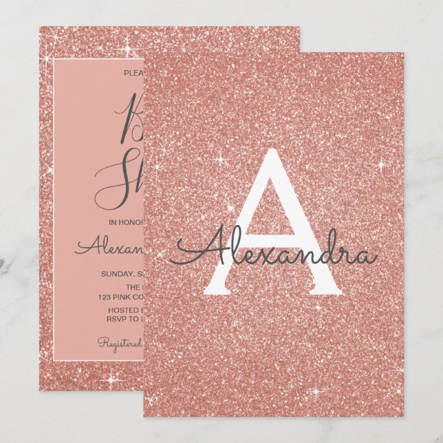Invitación a Baby Shower de Rosa Purpurina de espu (Anverso / Reverso)