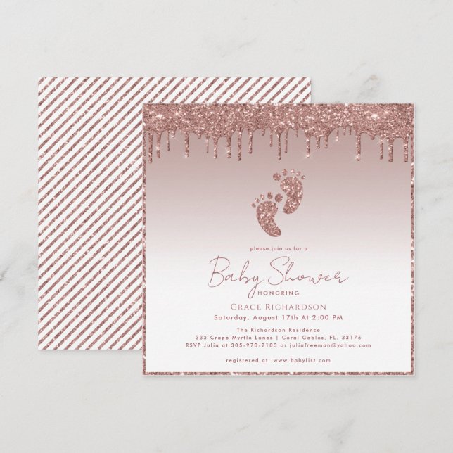 Invitación a Baby Shower de Rosa Purpurina de oro (Anverso / Reverso)