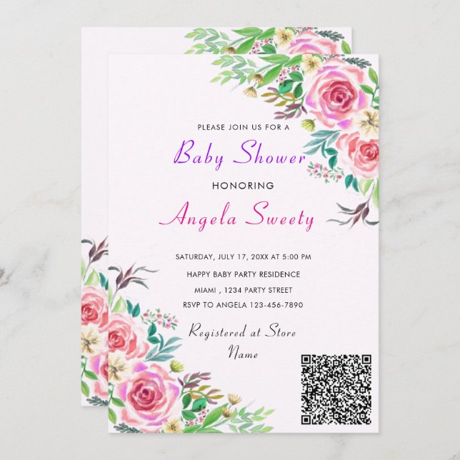 Invitación a Baby Shower de Rosas de código QR (Anverso / Reverso)