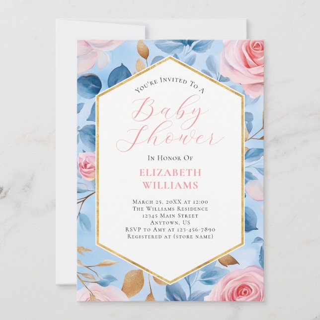 Invitación a Baby Shower de Rosas de oro azul rosa (Anverso)