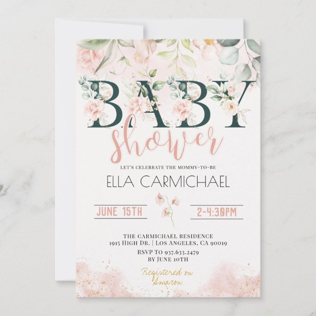 Invitación a Baby Shower de Rosas de Rubor (Anverso)