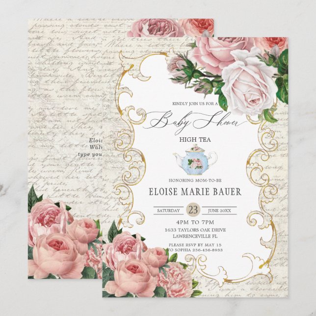 Invitación a Baby Shower de Rosas franceses de Sha (Anverso / Reverso)