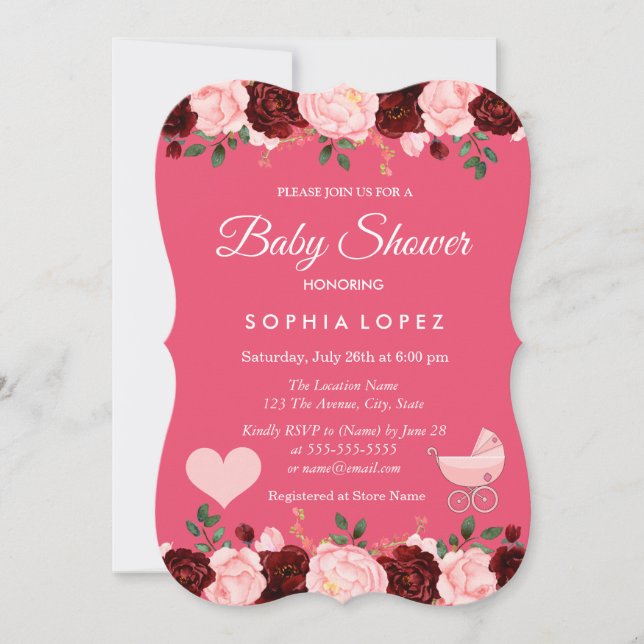 Invitación a Baby Shower de Rosas rosados y borgoñ (Anverso)