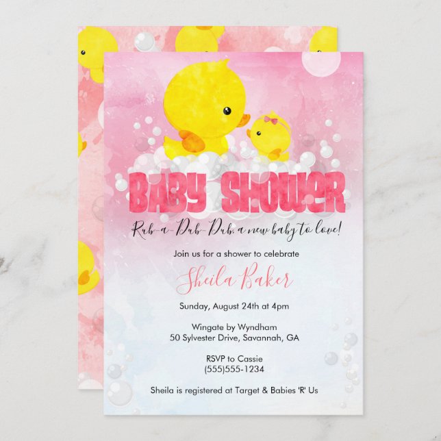 Invitación a Baby Shower de Rubber Ducky | Chica D (Anverso / Reverso)