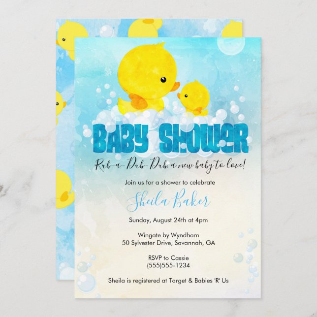 Invitación a Baby Shower de Rubber Ducky | Duckie  (Anverso / Reverso)
