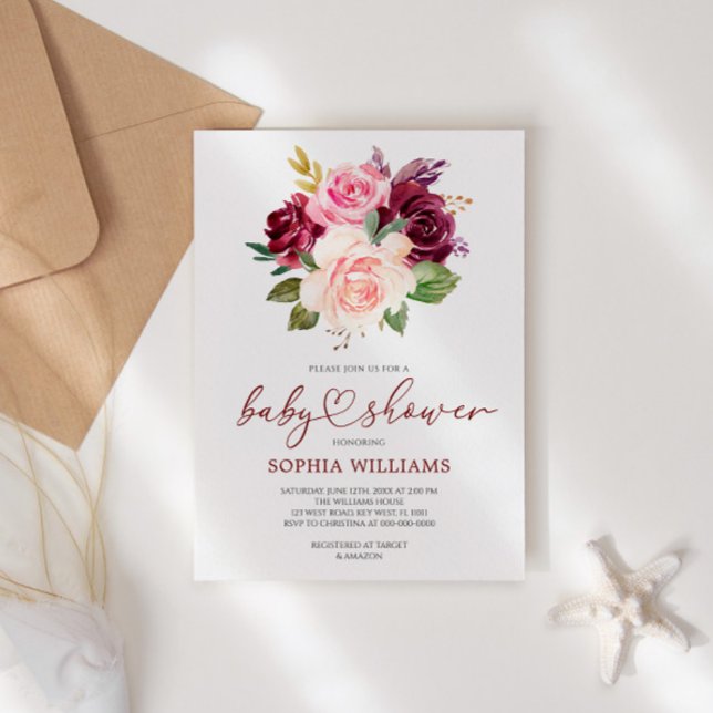 Invitación a Baby Shower de Rubor Burgundy Flowers (Subido por el creador)