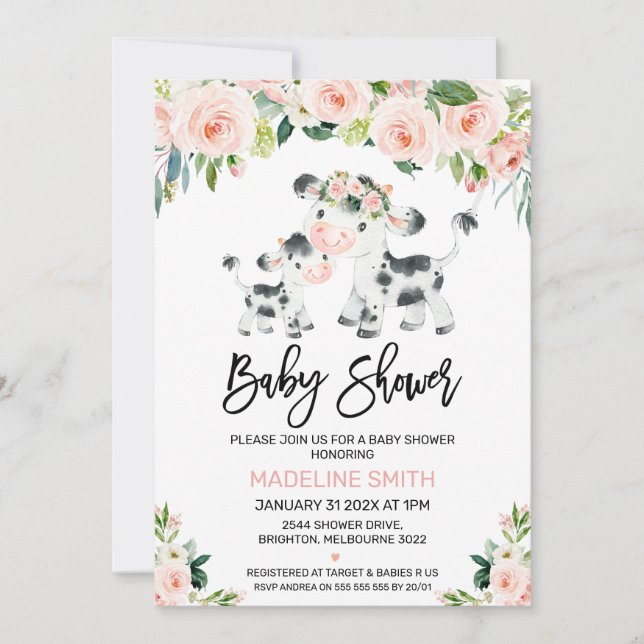 Invitación a Baby Shower de Rubor Floral Cow y Cal (Anverso)