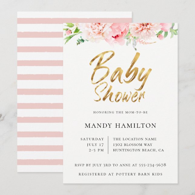 Invitación a Baby Shower de Rubor Floral Gold Scri (Anverso / Reverso)