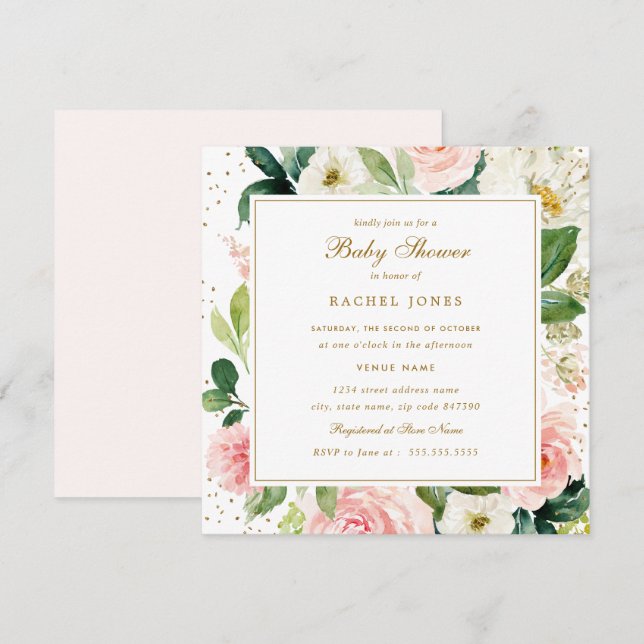 Invitación a Baby Shower de Rubor Gold Floral Wate (Anverso / Reverso)