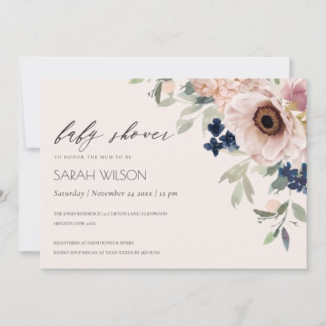 Invitación a Baby Shower de Rubor Navy Anemone Flo (Anverso)