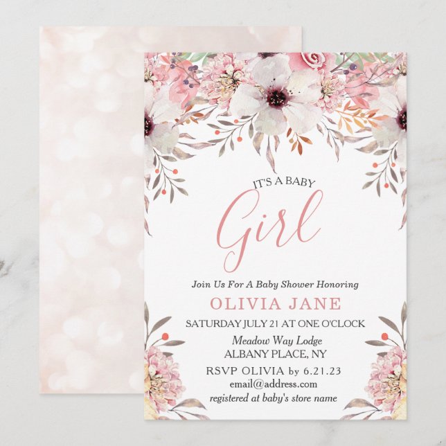 Invitación a Baby Shower de Rubor Pink Floral Shim (Anverso / Reverso)