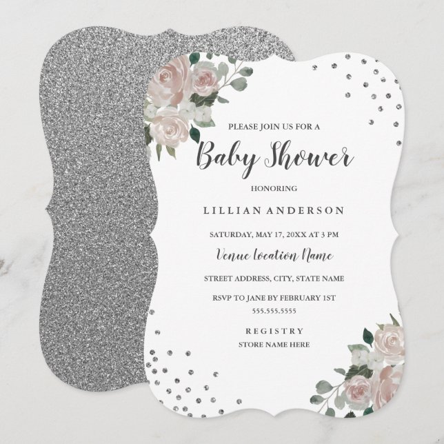 Invitación a Baby Shower de Rubor Silver Floral Co (Anverso / Reverso)